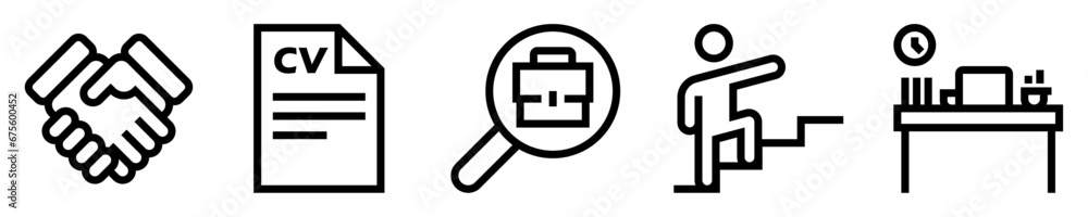 Conjunto de iconos de promoción de empleo. Acuerdo laboral, currículum, buscar trabajo, persona subiendo una escalera, oficina. Ilustración vectorial Conjunto de iconos de promoción de empleo. Acuerdo laboral, currículum, buscar trabajo, persona subiendo una escalera, oficina. Ilustración vectorial