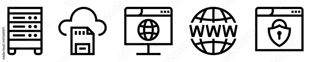 Conjunto de iconos de alojamiento web. registro de datos, almacenamiento y navegación. Servidor, nube, sitio web, dominio, seguridad digital. Ilustración vectorial Conjunto de iconos de alojamiento web. registro de datos, almacenamiento y navegación. Servidor, nube, sitio web, dominio, seguridad digital. Ilustración vectorial