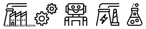 Conjunto de iconos de industria. Manufactura. Fábrica, engranaje, robot, planta de energía, laboratorio. Ilustración vectorial