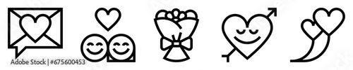 Conjunto de iconos de mensajes de amor. Romance. Chat romántico, pareja enamorados, ramo de flores, corazón flechado, globos de corazón. Ilustración vectorial