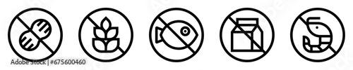 Conjunto de iconos de alérgenos. Maní, gluten, pescado, leche, mariscos. Restricciones y sensibilidad. Ilustración vectorial