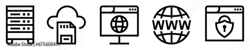 Conjunto de iconos de alojamiento web. registro de datos, almacenamiento y navegación. Servidor, nube, sitio web, dominio, seguridad digital. Ilustración vectorial