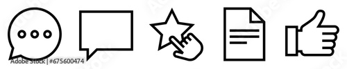 Conjunto de iconos de comentarios. Opinión y valoración de servicio. Burbuja de mensaje, bocadillo de chat, estrella de calificación, hoja de opiniones, pulgar arriba. Ilustración vectorial