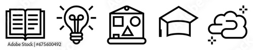 Conjunto de iconos de conocimiento. Educación y sabiduría. Libro abierto, bombilla, pizarra, graduación, cerebro. Ilustración vectorial