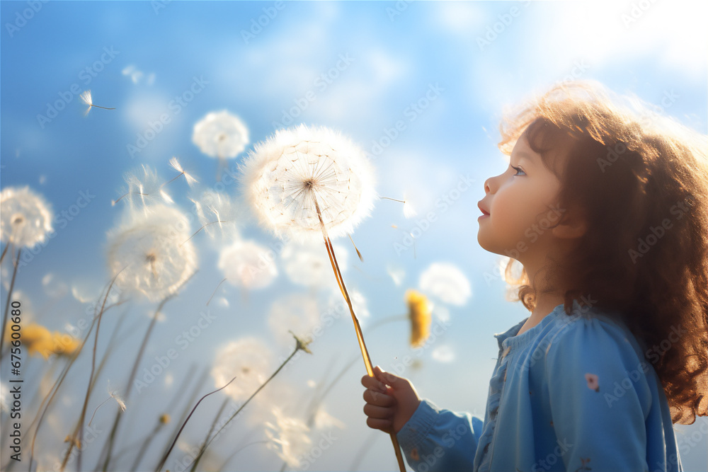 a little girl blowing a mini dendelion to the blue bright sky, dreamy light a little girl blowing a mini dendelion to the blue bright sky, dreamy light