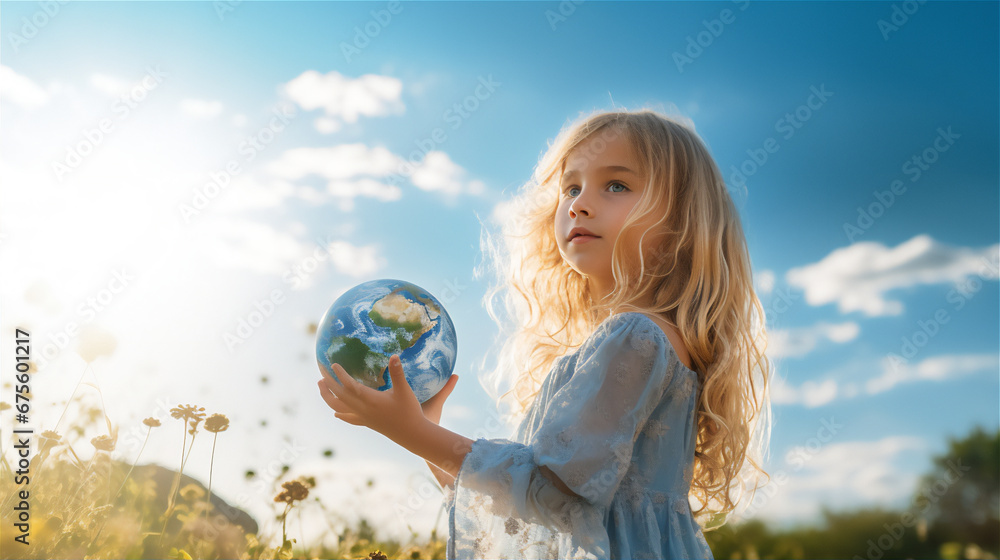 a little girl hold a realistic earth globe in the green meadow with blue sky background, long shot view, low angle view, long blonde hair, white long dress, dreamy morning light a little girl hold a realistic earth globe in the green meadow with blue sky background, long shot view, low angle view, long blonde hair, white long dress, dreamy morning light