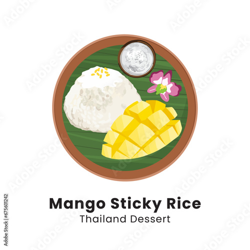 Mango Sticky Rice. Delicious ripe mango and sticky rice with coconut milk, sprinkled fried green beans decorated with orchids, pandan leaves on banana leaf. Vector illustration