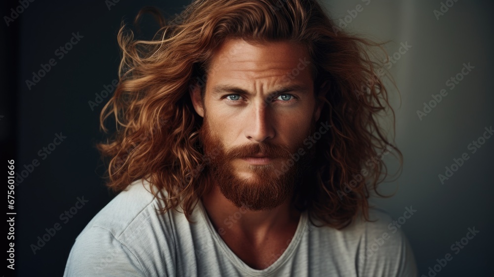 Closeup portrait of man with ginger long hair with beard in studio Closeup portrait of man with ginger long hair with beard in studio