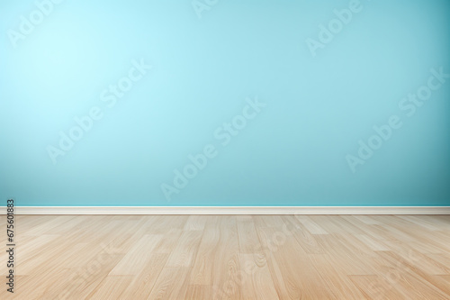 Against the backdrop of an empty room, bright blue tones with wood grain floors against cement walls with light from the windows.
