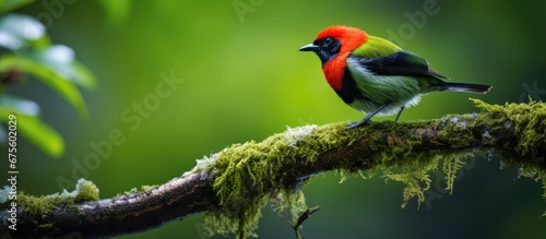 In the background of a lush green forest a cute bird with colorful feathers perched on a branch blending with the natural beauty of the white black and green surroundings