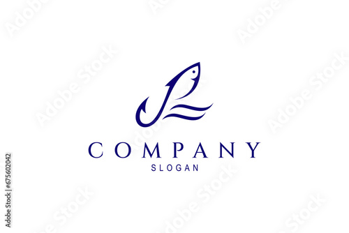 Fish hook design logo template with wave elements