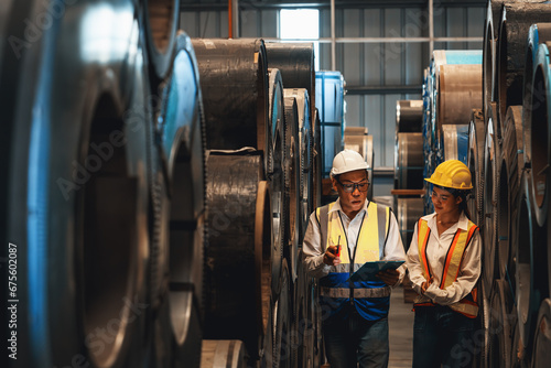 Warehouse inventory management in metalwork factory with engineer or inspector conduct storage check and quality control assessment on cylinder rolled metal for civil engineering project. Exemplifying