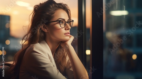 A high-resolution close-up of a businesswoman brainstorming new strategies with intense focus with glasses