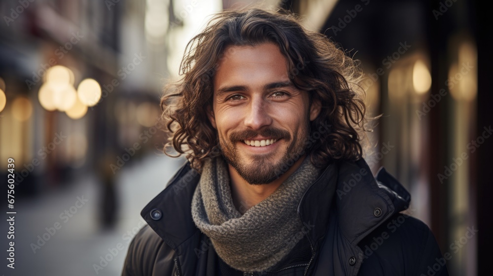 treet portrait of handsome latino man with long curly hair. - obrazy, fototapety, plakaty 