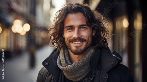 treet portrait of handsome latino man with long curly hair. photo
