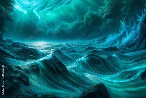 Luminous azure waves meeting emerald currents in an ethereal realm  photo