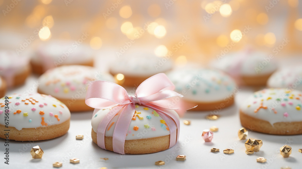 Christmas cookies with pink ribbon on a white background w Christmas cookies with pink ribbon on a white background w