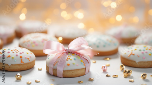 Christmas cookies with pink ribbon on a white background w