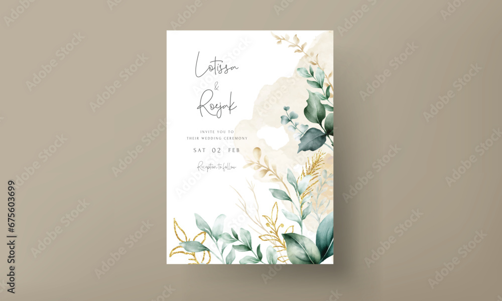 Wedding invitation template watercolor hand painted leaf frame