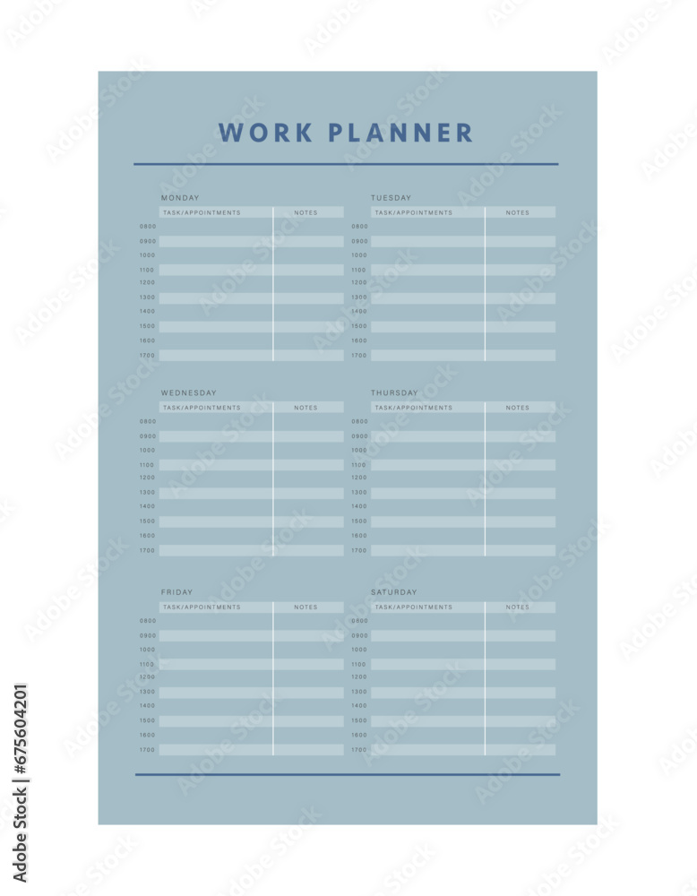 Work planner. Minimalist planner template set. Vector illustration. Work planner. Minimalist planner template set. Vector illustration.