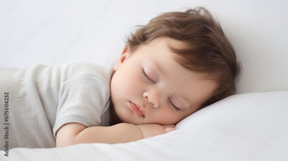 Portrait of a baby boy sleeps tight against white background with space for text, AI generated, background image Portrait of a baby boy sleeps tight against white background with space for text, AI generated, background image