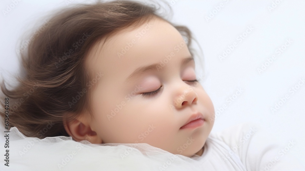 Portrait of a baby girl sleeps tight against white background with space for text, AI generated, background image