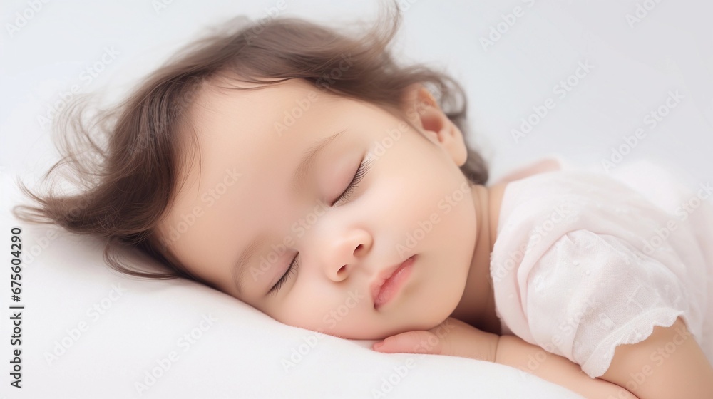 Portrait of a baby girl sleeps tight against white background with space for text, AI generated, background image Portrait of a baby girl sleeps tight against white background with space for text, AI generated, background image