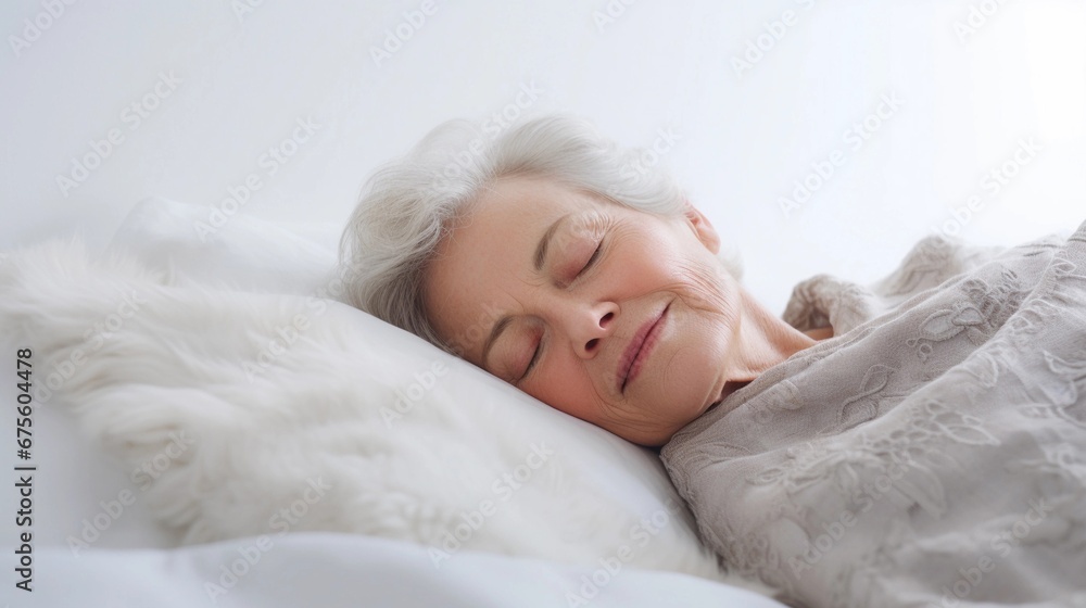 Portrait of an old white female sleeps tight against white background with space for text, AI generated, background image Portrait of an old white female sleeps tight against white background with space for text, AI generated, background image