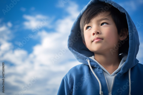 Youthful Exuberance Captured as Asian Child Strikes a Pose on a Cool Blue Backdrop