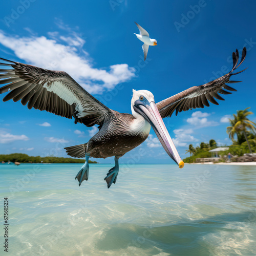 pelican flying close to boat.