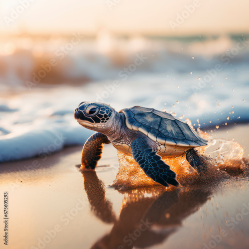 baby sea turtle on beach running towards the ocean. © mindstorm