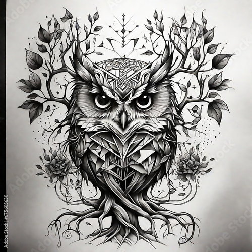 Geometric black and white Tattoo scketch of a tree of knolegde owl with roots under photo