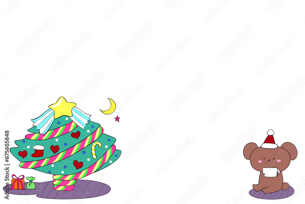 Fototapeta premium クリスマスツリーとクマのサンタさん 手描きイラスト