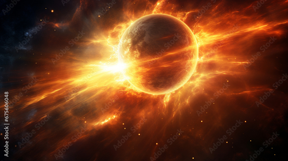 Fiery explosion in space abstract background. Supernova solar storm in universe. 