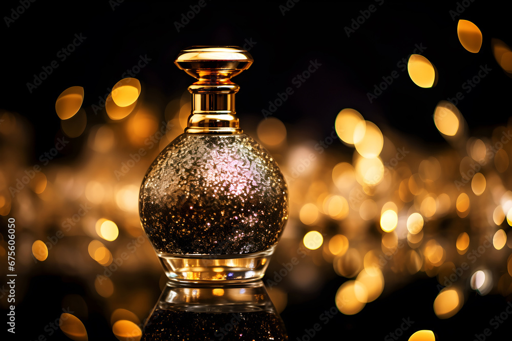 Beautiful perfume bottle on black background with bokeh lights. Beautiful perfume bottle on black background with bokeh lights.