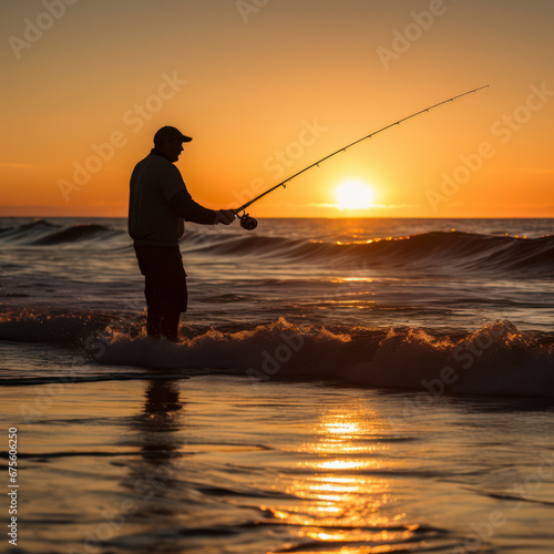 man fishing from beach at sunset.