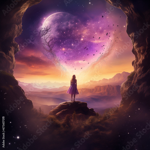 Frau steht in einer Traumlandschaft und schaut auf ein rosa lila Herz. Berge und Magie umgeben sie. Märchen - Fantasie Ki