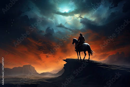a cowboy in the desert riding a horse in an inky colored background.
