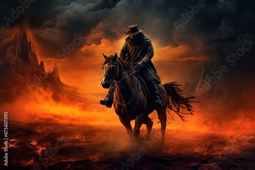 a cowboy in the desert riding a horse in an inky colored background. © hisilly