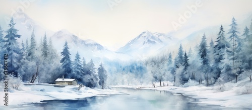 The stunning watercolor background depicts a snowy winter landscape with a majestic mountain surrounded by a tranquil forest of white trees as a road meanders through the icy terrain creati