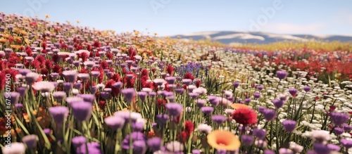 Panoramic view of a field of multicolored flowers.