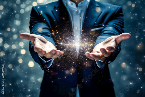 Businessman in the suit is gesturing with his hands as if he's scooping something up. Shining particles of light and abstract effects. Business innovation, IT technology, inspiration and idea concept