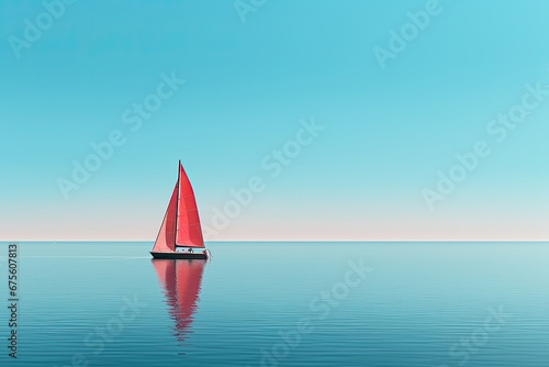 a red sailboat on the clear blue sea. 