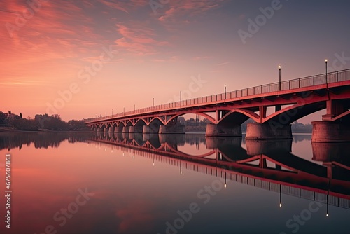 a sunset over water next to a bridge, in the style of chinese tradition