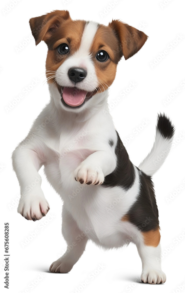 Jack Russell Terrier dog standing on two legs on a white background