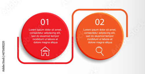 colorful infographic design, 2 step infographic with various interconnected colors, icons, symbols, numbers, text that match, good for your business presentation.