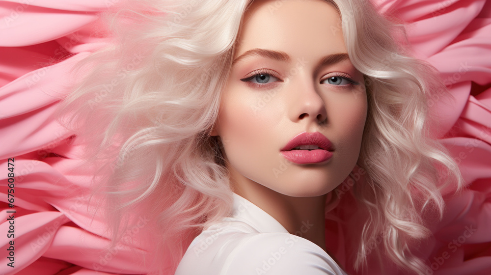 Stunning beauty with flowing white hair against a backdrop of soft pink floral beauty. Stunning beauty with flowing white hair against a backdrop of soft pink floral beauty.