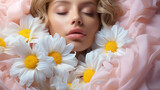 Serene woman lying in a bed of chamomile flowers, embodying tranquility and natural beauty