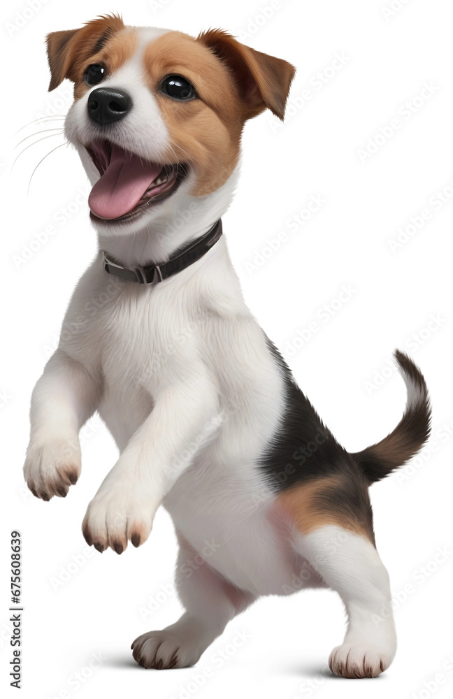 A playful Jack Russell Terrier dog stands on two legs and laughs