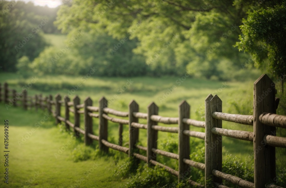 Fototapeta premium Wooden fence with blurred green nature landscape